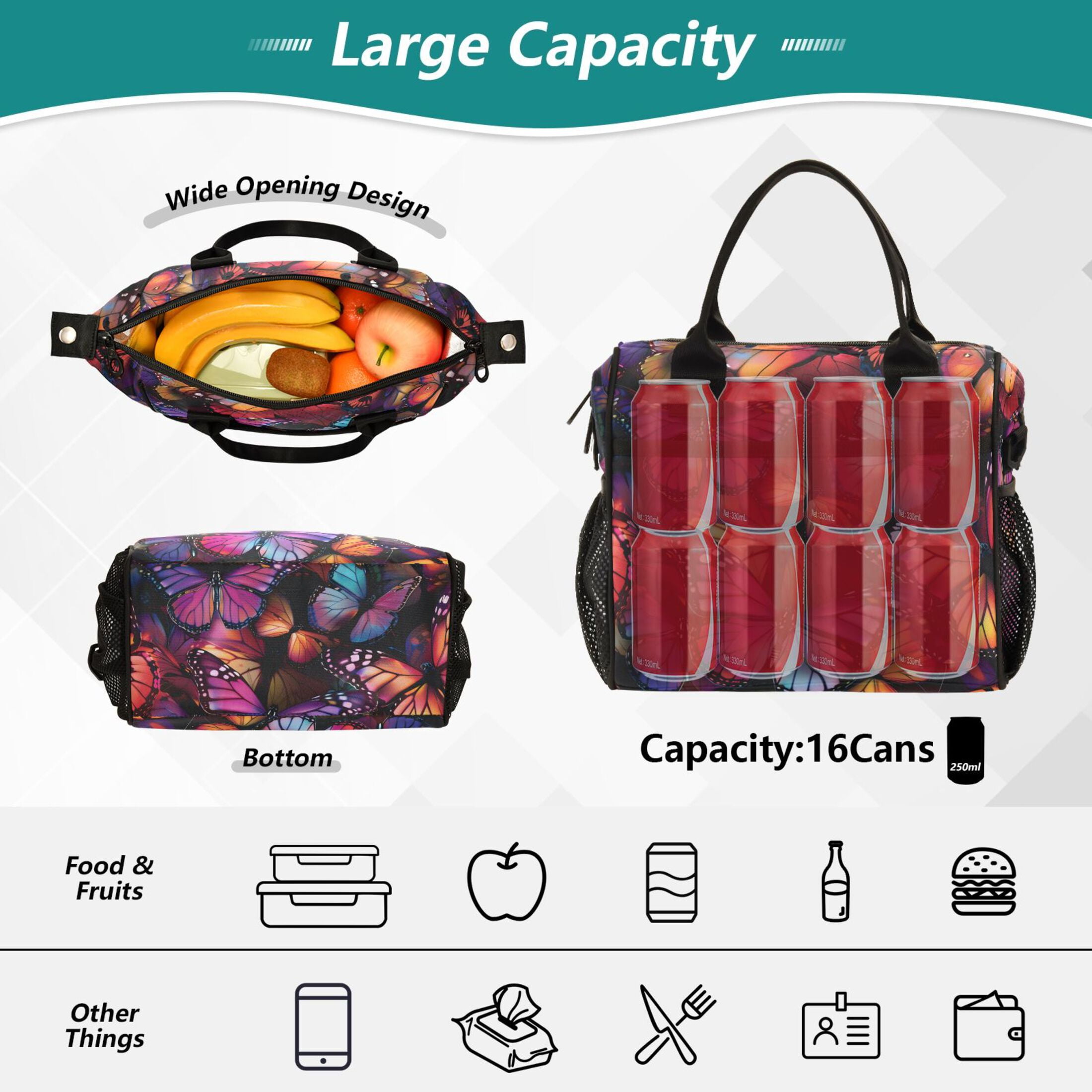 ALAZA Orange Purple Butterfly Insulated Lunch Bag Reusable Tote Box Adjustable Shoulder Strap for Work Picnic
