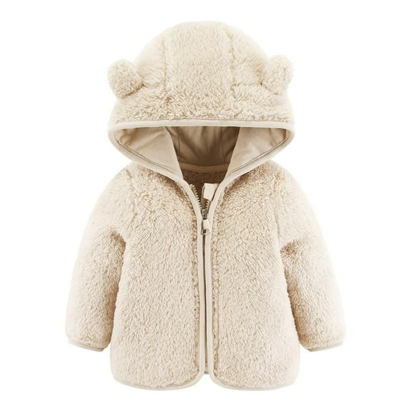 SGMVNU Toddler Kids Hooded Jacket Coat with Ears, Zipper Lightweight Long Sleeve Thick Warm Outerwear, Cute Coats for Boys Girls Fuzzy Jacket, Khaki, 12-18 Months