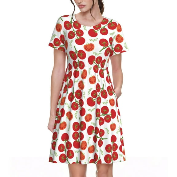 Rateoe Tomato Pattern Women’s Short Sleeve Dress – Casual Elegant Summer A-Line Dress for Everyday Wear