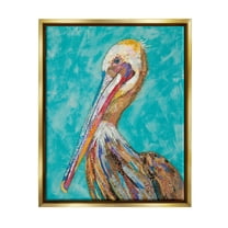 Stupell Industries Bold Pelican Bird Varied Collage Pattern Stripes Painting Metallic Gold Floating Framed Canvas Print Wall Art, Design by Lisa Morales