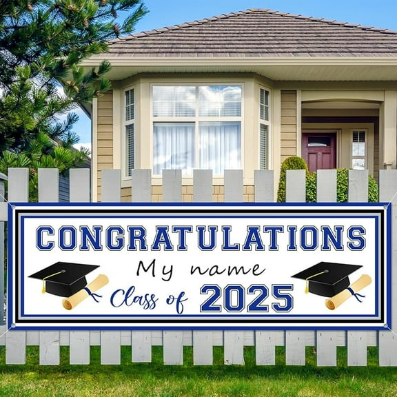 Blue Graduation Yard Sign Banner Party Decorations Class of 2025 Congratulations Personalized Graduation Banner With A Marker Pen for Graduation Party Supplies 19x98 Inch (Blue White)