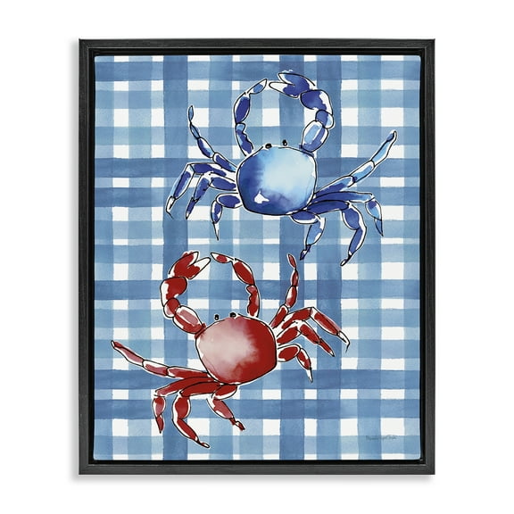 Stupell Industries Coastal Crabs on Plaid Animals Painting Black Floater Framed Canvas Art Print Wall Art, 17 x 21