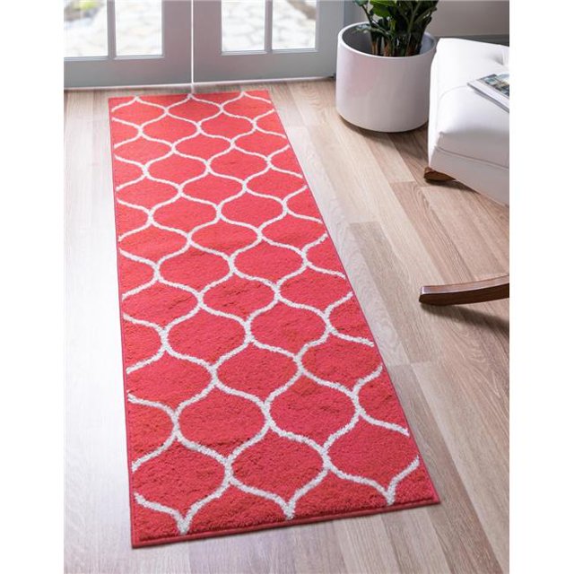 Unique Loom 3146780 2 x 13 ft. Rounded Trellis Frieze Runner Rug, Rasberry