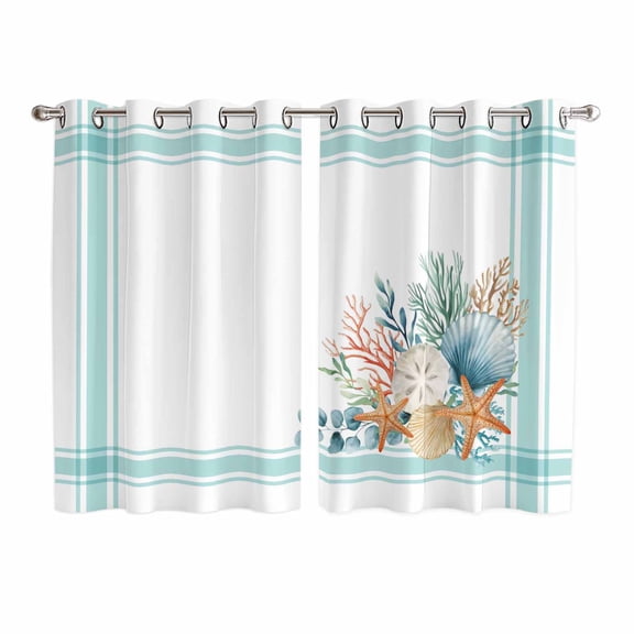 Aqua Coastal Kitchen Curtains Window Panels, Nautical Seashells Coral Leaves Stripes Insulated Window Treatment Curtain, Grommet Curtains for Bedroom/Living Room/Bathroom, 2 Piece 52"Wx63"L