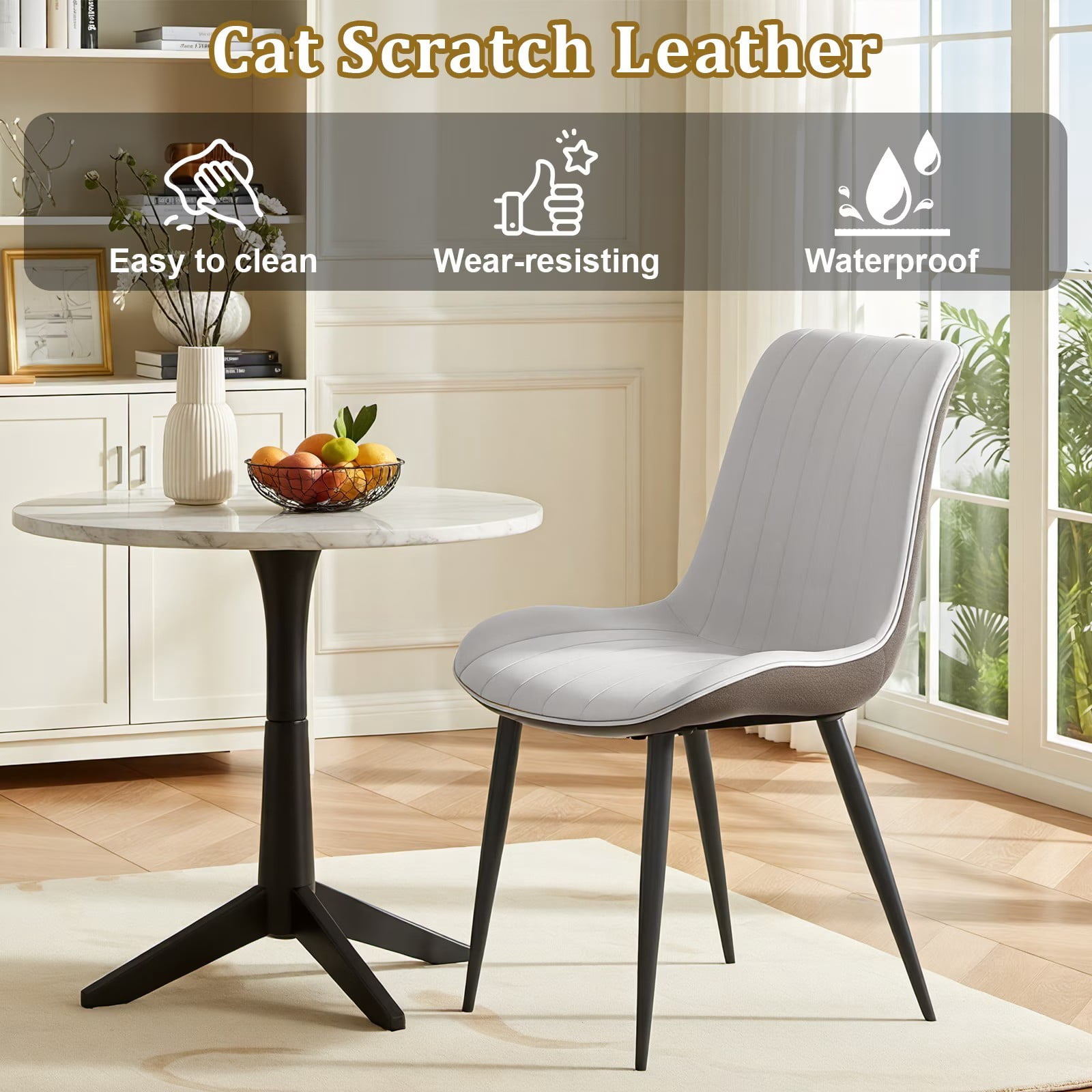 PU Leather Dining Chairs Set of 2, Light Grey & Dark Grey Wave Pattern Upholstered Kitchen Chairs with Metal Legs, Modern Armless Side Chairs for Dining Room, Restaurant, Living Room