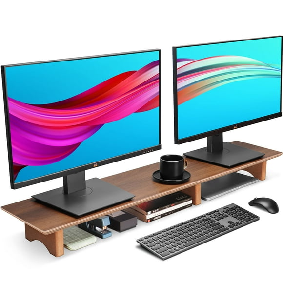 Aothia Large Dual Monitor Stand Riser, Solid Wood Desk Shelf with Eco Cork Legs for Laptop Computer/TV/PC/Printers, Perfect Desktop Stands Organizer with Underneath Stor