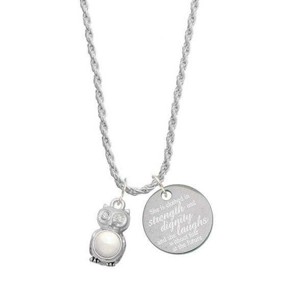 Delight Jewelry Silvertone 3-D Imitation Pearl & Clear Crystal Owl She is Clothed in Stength and Dignity Charm Necklace, 20" 3"