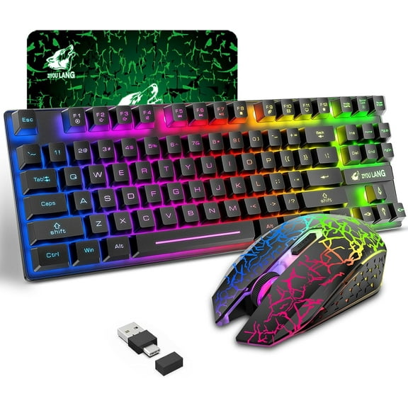 Wireless Gaming Keyboard and Mouse Combo with 87 Key Rainbow LED Backlight Rechargeable 3800mAh Battery Mechanical Feel Anti-ghosting Ergonomic Waterproof RGB Mute Mice for Computer PC Gamer (Black)