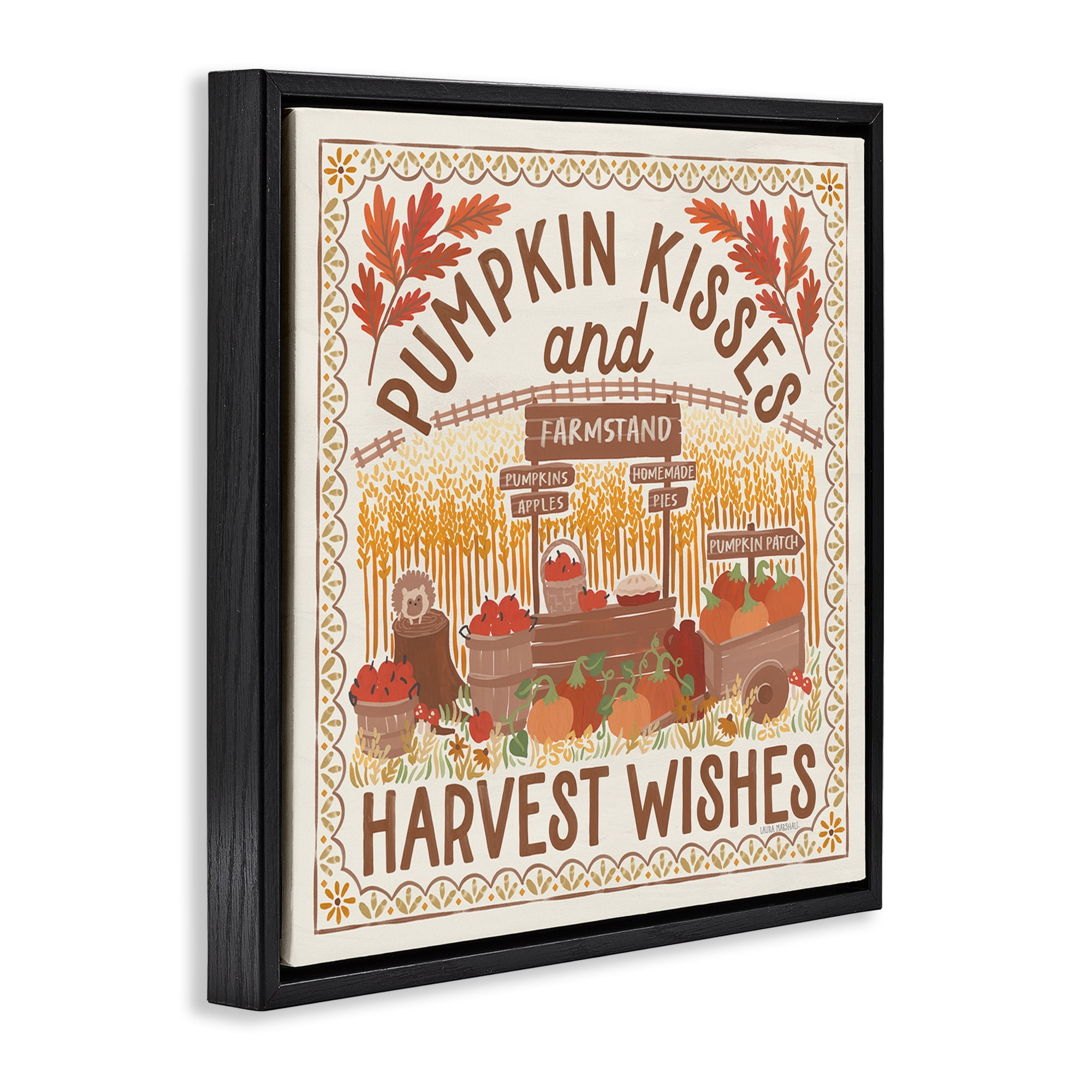 Stupell Industries Pumpkin Kisses Fall Scene Landscape Painting Black Floater Framed Art Print Wall Art, 18 x 18