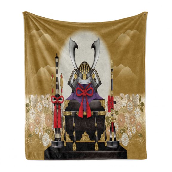 Japanese Soft Flannel Fleece Throw Blanket, Antique Ornamental Box of Archer with Gear and Arrows with Flowers at Sunset, Cozy Plush for Indoor and Outdoor Use, 60" x 80", Yellow Black, by Ambesonne