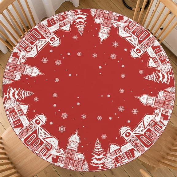 Christmas Round Fitted Tablecloth Best for 44"-48" Xmas Red White House Table Cloth Elastic Edge Waterproof Stain Resistant Washable Holiday Snowflake Pine Trees Table Cover for Party Picnic Decor