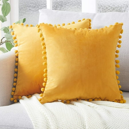 Topfinel Square Solid Color Throw Pillow Cover Decorative Throw Pillow Covers for Couch Bed Soft Particles Velvet Solid Cushion Covers with Pom-Poms 18 x 18 inch Pack of 2 Yellow