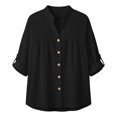 thumbnail image 3 of Vivianyo HD Women's Mandarin Collar Blouse, Oversized Split V Neck Roll Sleeve Button Front Shirt for Women, Spring Lightweight Woven Top for Casual Commute and Home Lounging, Sizes S-3XL, 3 of 8