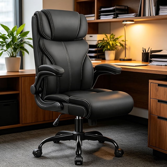 Silla de oficina, ergonómica, grande y alta, silla de computadora de computadora, silla ejecutiva de piel transpirable con respaldo alto ajustable y apoyabrazos abatibles, soporte lumbar(Negro)