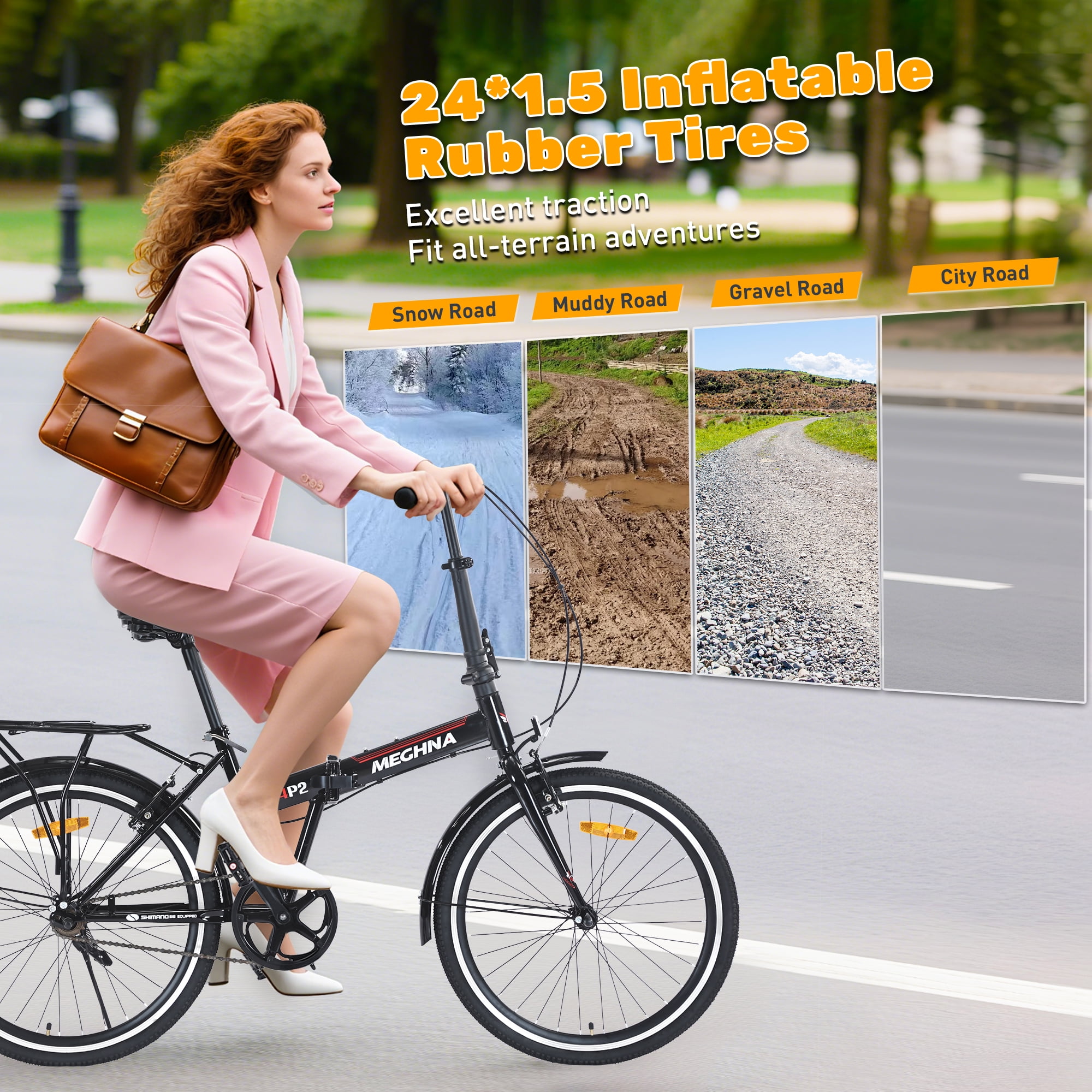 Ambifirner 24 Inch Folding Bike for Adults, Steel Frame Single Speed Commuter, Quick-Release Fold, Dual V-Brakes, Adjustable Leather Saddle, Full Fenders, Black