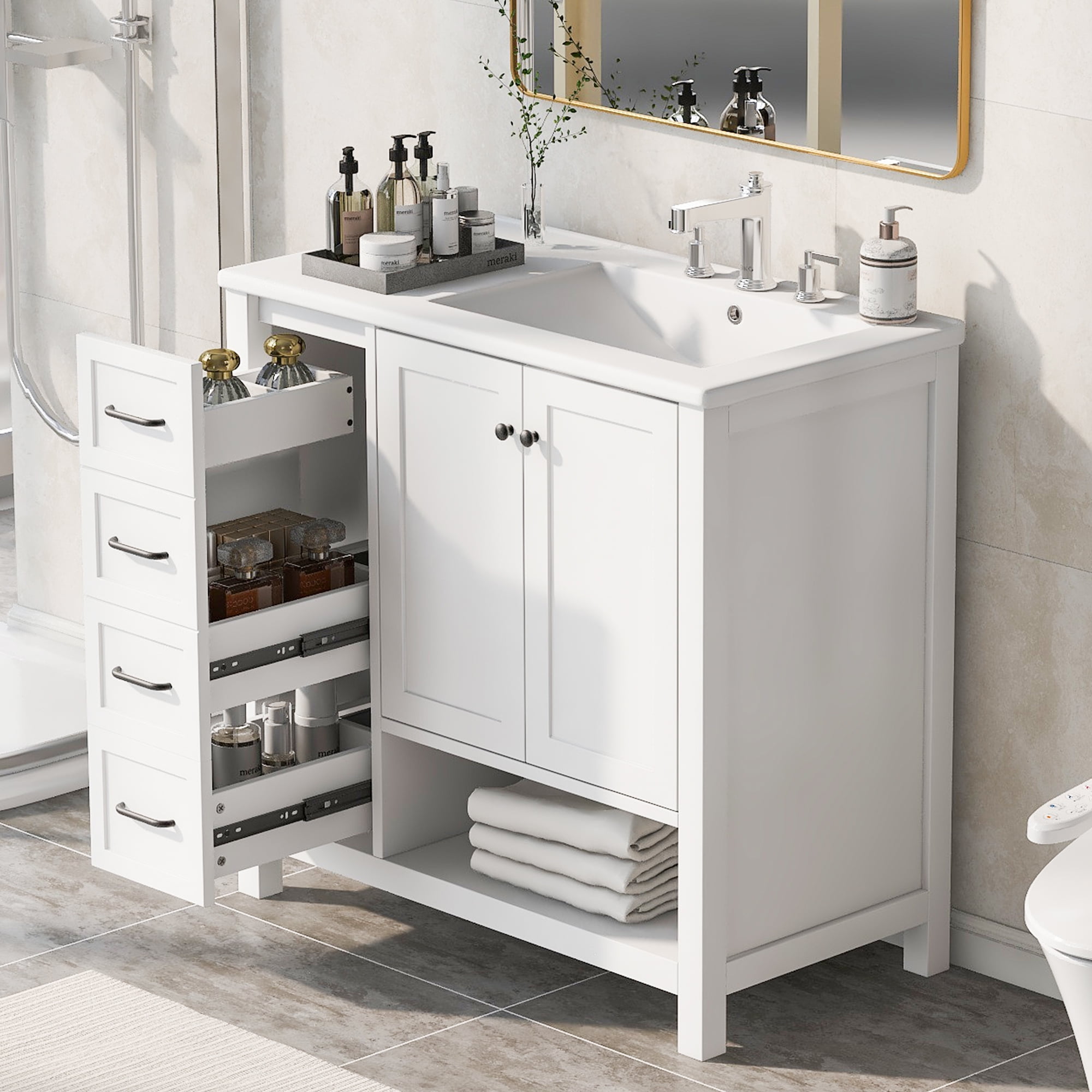 Harper & Bright Designs 36" Bathroom Vanity with Sink Top, Modern Single Sink Bathroom Vanity with Doors, Drawers and Open shelf, Freestanding Bathroom Storage Cabinet with Ceramic Basin, White