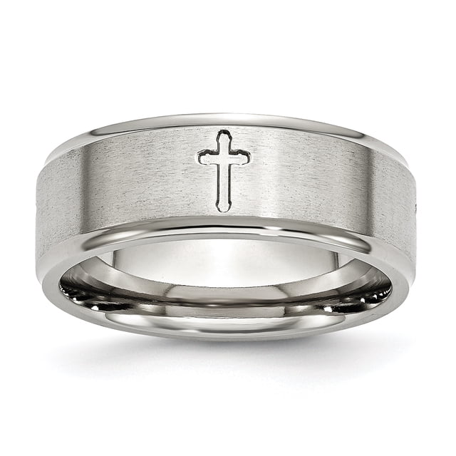 Stainless Steel Cross 8mm Ridged Edge Ring Man Religious Wedding Designed For Dad Mens For Him