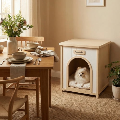 Indoor Wooden Dog House for Small Dogs and Cats Solid Cedar Pet House with Removable Cushion Scandinavian Design, Cream White,Light Yellow