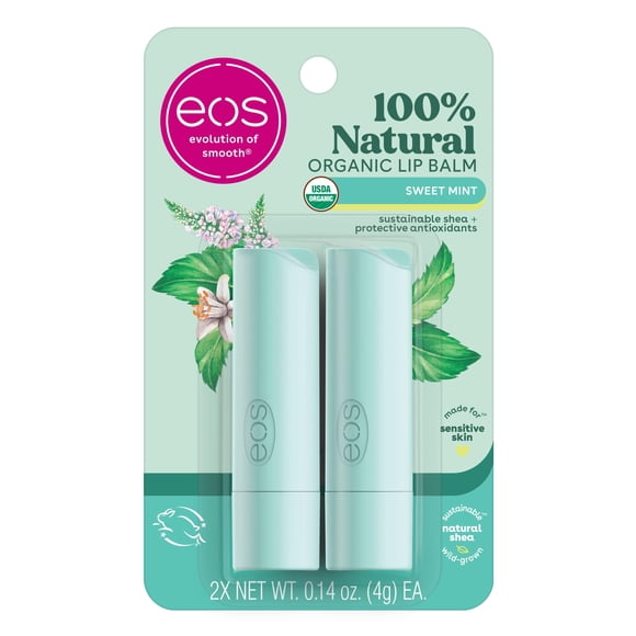 Bálsamo labial eos 100% natural y orgánico con menta dulce, 4 ml, paquete de 2