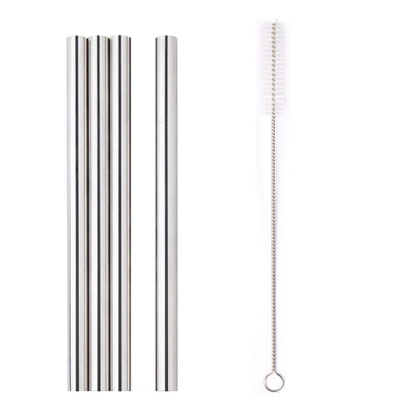 EclipseJewels 4 Pack Stainless Steel Extra Wide 12mm Reusable Drinking Straws with 1 Cleaning Brush, Perfect for Boba Tea, Smoothies and Cold Beverages, Eco-Friendly Set,Silver