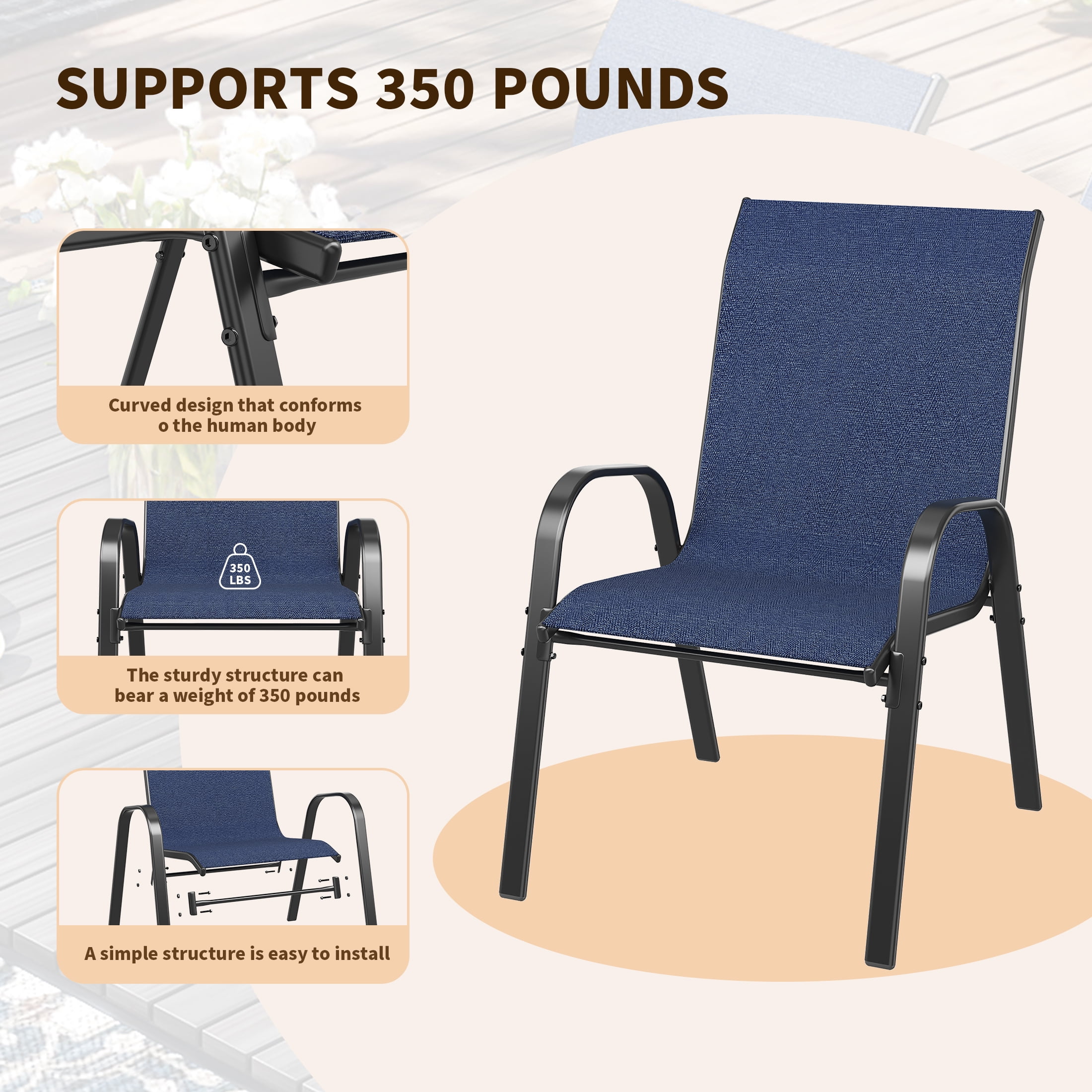 UDPATIO Patio Chairs Set of 2, Outdoor Dining Chairs High Back with All Weather Breathable Textilene, Metal Frame for Lawn Garden Backyard Deck, Blue
