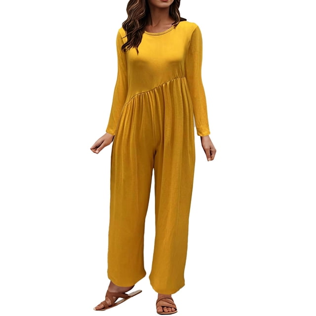 GYUJNB Combinaison pour Femmes Combinaison Unie Col Rond avec Ceinture et Poches une Pièce pour Femmes, Bleu, TTG