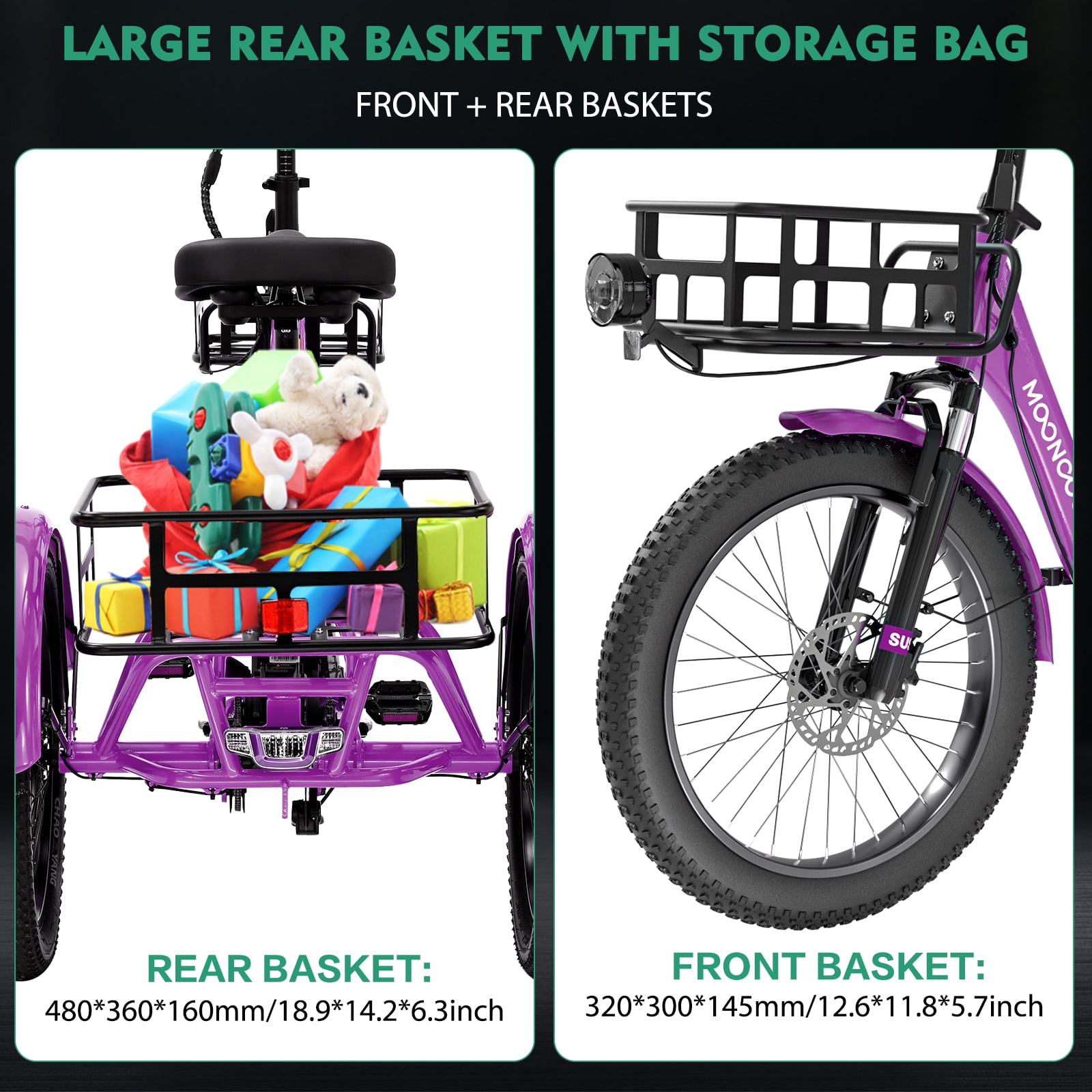 MOONCOOL TK1 Folding Electric Tricycle for Adults,48V 14.5Ah Removable battery, 1000W Motor, 20" Fat Tire Step-Thru 3 Wheel Electric Bicycle W/ Front & Rear Storage Bag Kit