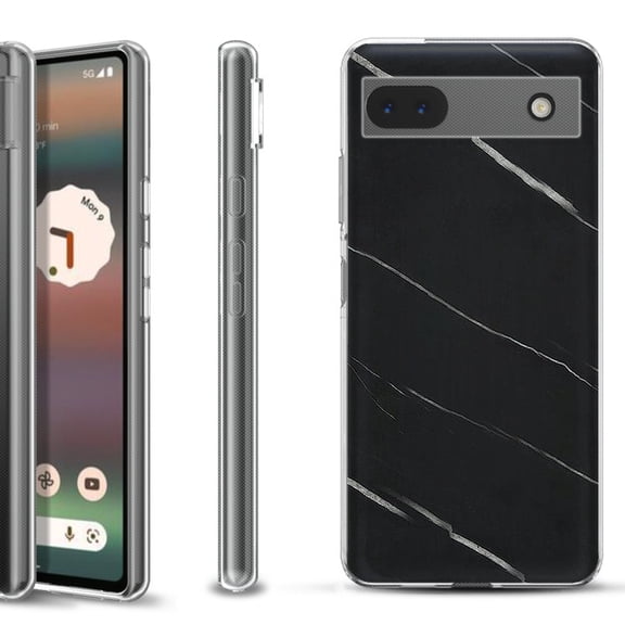 Slim-Fit Gel TPU Phone Case for Google Pixel 6a, by OneToughShield ® - Marble / Black