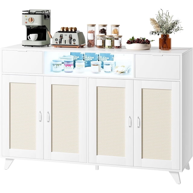 Bingirl Rattan Sideboard Buffet Cabinet with 2 Drawers Storage, 4 Doors Boho Cabinet with Power Outlet and LED Lights, Wood Sideboard Buffet for Living Room