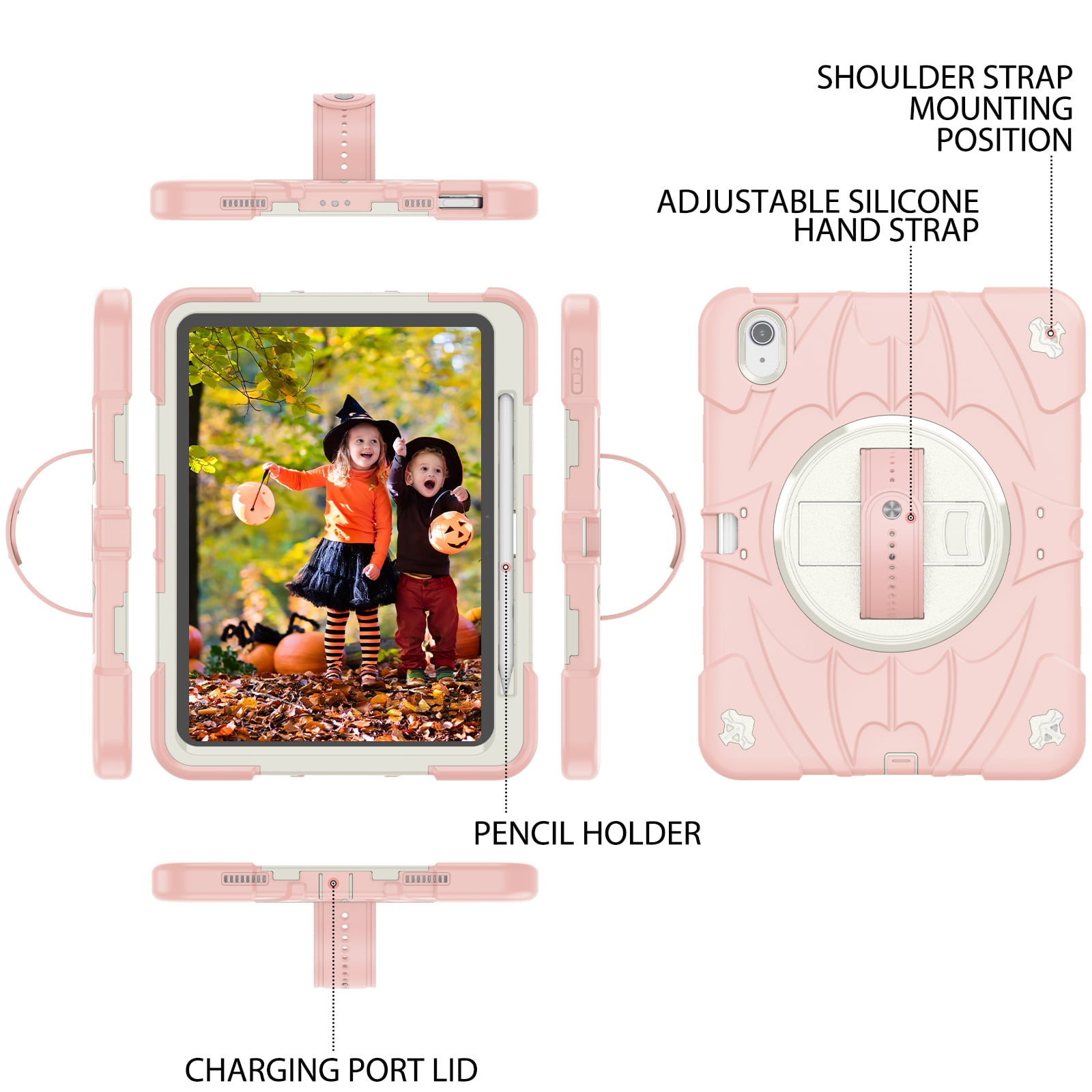 ELEHOLD Case for Apple iPad Air 11 (2024), Heavy Duty Shockproof Case with Pencil Holder/Stand/Hand Strap/Shoulder Belt, Rugged Protective Cover for Boys Girls,Pink
