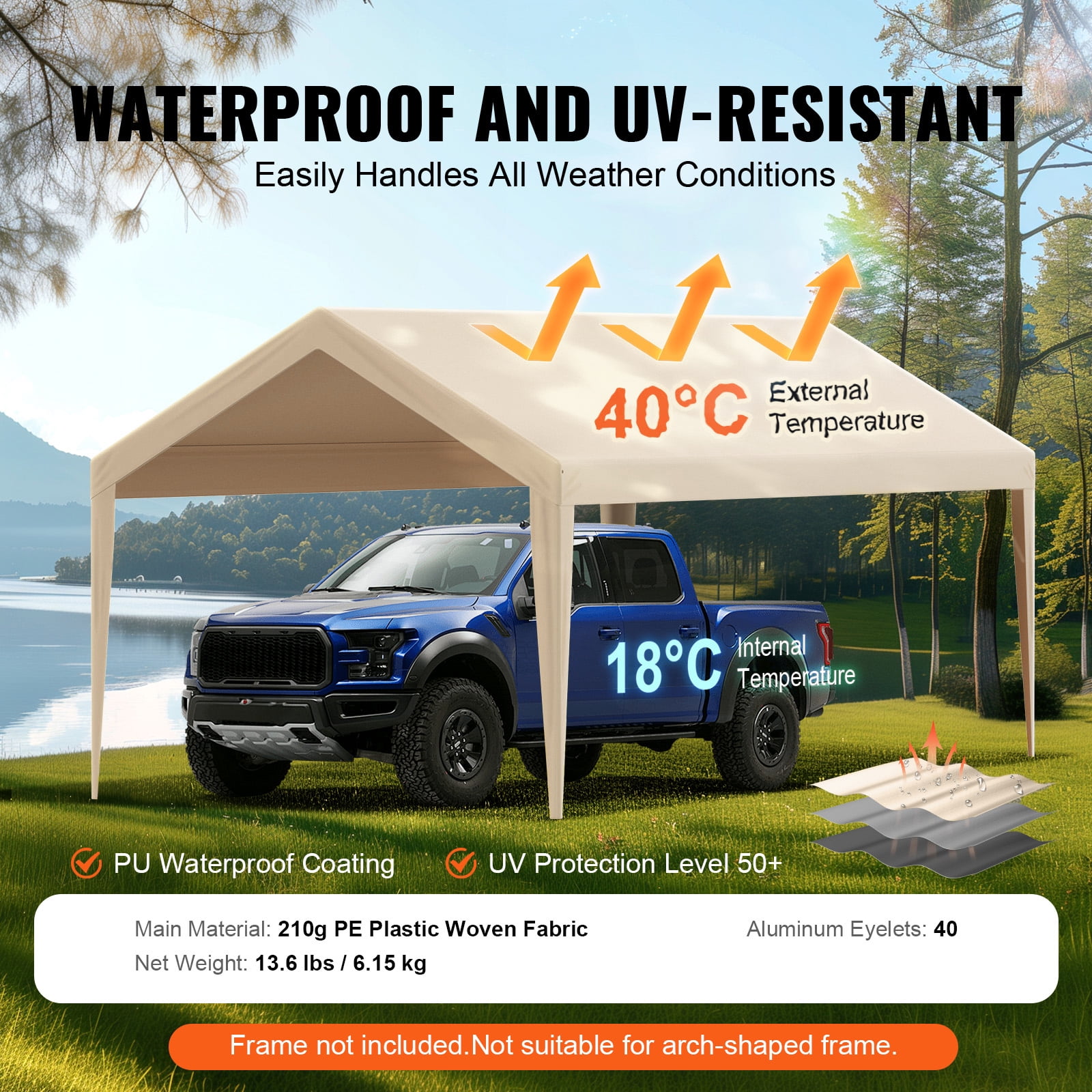 KFFKFF 10 x 20 Feet Car Shelter Tent Cover Carport Replacement Canopy Beige