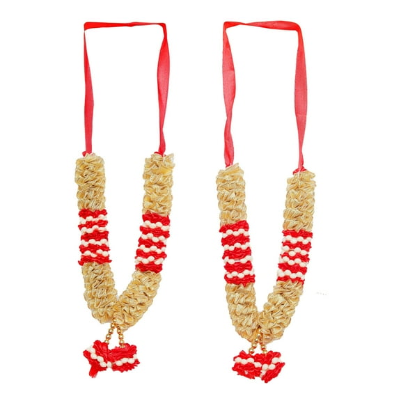 Set of 2 Artificial Flowers Ribbon Garland Haar Mala for Idol-Mala for God, Pooja Sringar Articles Ornament Indian Traditional Festival Diwali Decorations Home Office Decor(Size:- 8")(Red & Golden)