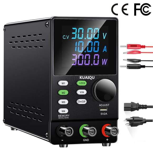 Kuaiqu Alimentation 30V 10A DC Alimentation Variable pour Banc, Écran LCD 4 Chiffres Couleur, Bouton Encodeur et Interrupteur de Sortie Modèle SPPS3010D, 1 Pack, 9.4 Pouces x 3.3 Pouces x 5.9 Pouces