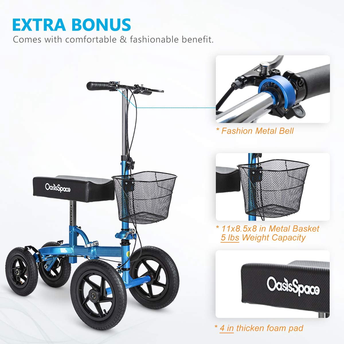 WETS All Terrain Knee Scooter, with 12 inches Non-Pneumatic Wheels, Steerable Knee Walker Heavy Duty Crutches for Foot Injuries Ankles Surgery (Blue)