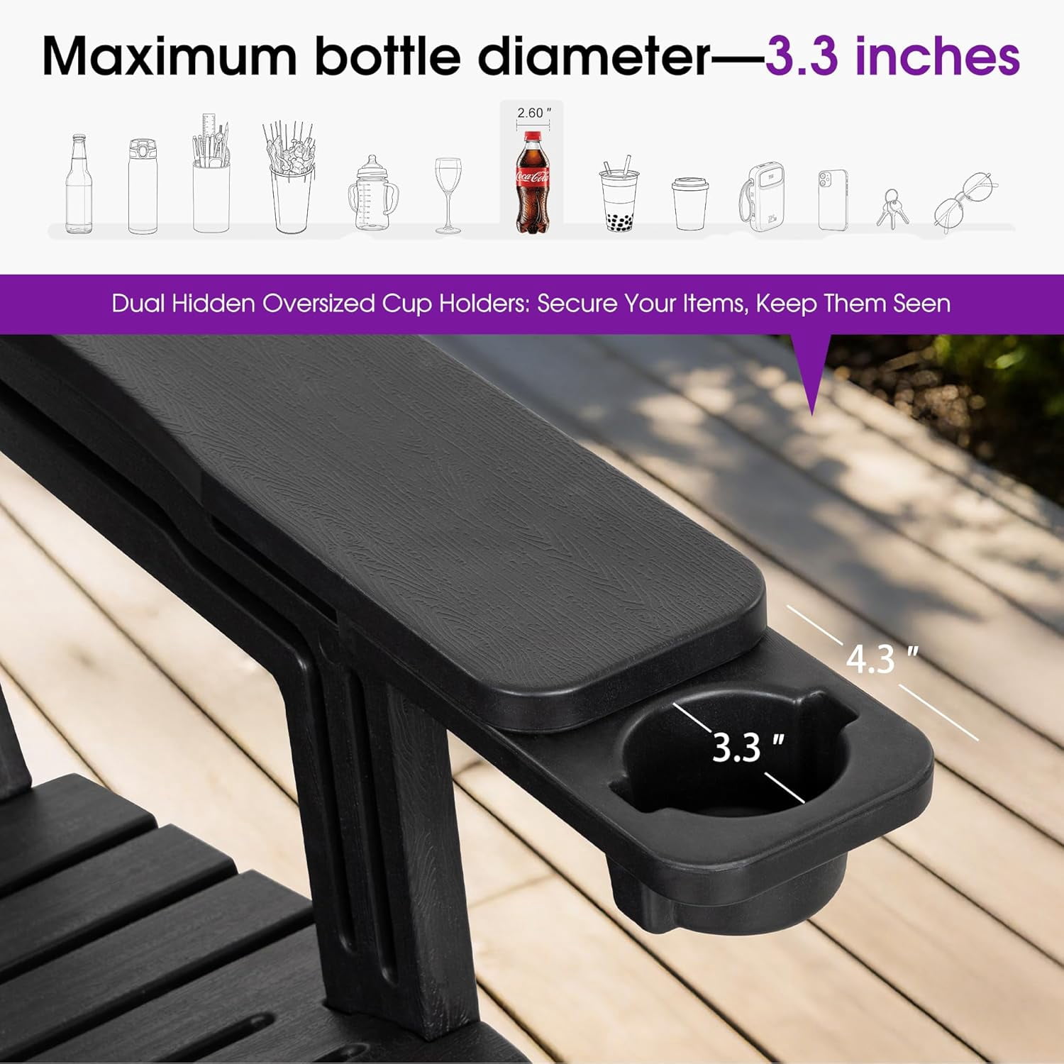 PURPLE LEAF Adirondack Chair HDPE All-Weather Outdoor Fire Pit Chair with 24.6" Oversized Seat Wood-Textured Patio Adirondack Chair with Dual Cup Holders for Garden Deck Backyard, Black