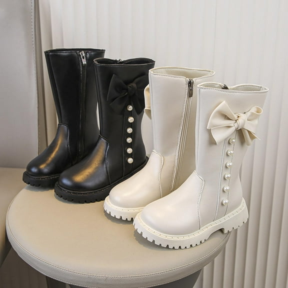 Puntoco Girls Knee High Fashion Boot Zip Up Boot Fall and Winter Zipper High-Top Leather Boots Winter Snow Boots for Kids White 2(36)