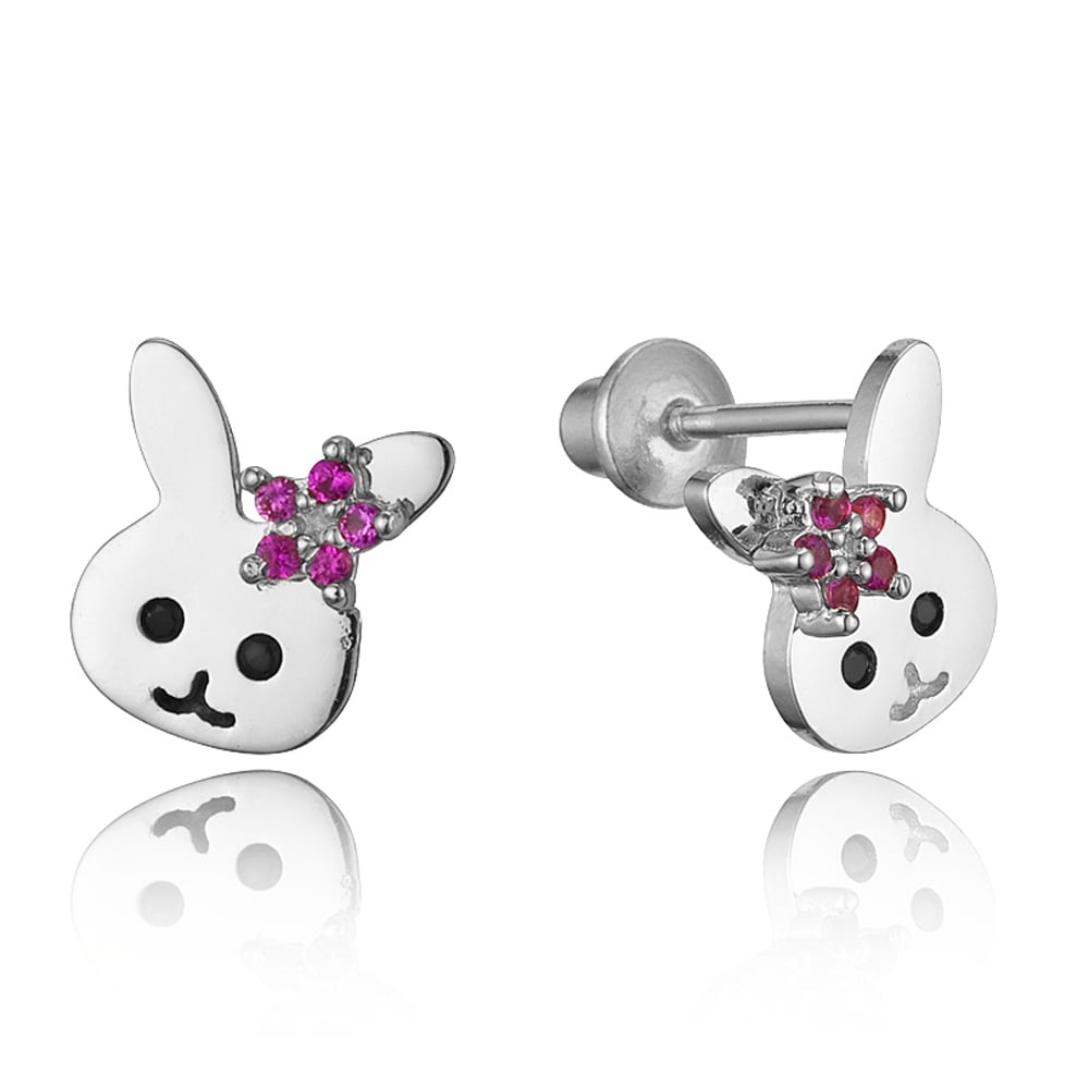Sterling Silver Rhodium Plated Rabbit Cubic Zirconia Screwback Baby Girls Earrings
