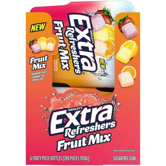EXTRA Refreshers Fruit Mix Sugar Free Chewing Gum Bulk, 40 Piece Bottle (Pack of 6)