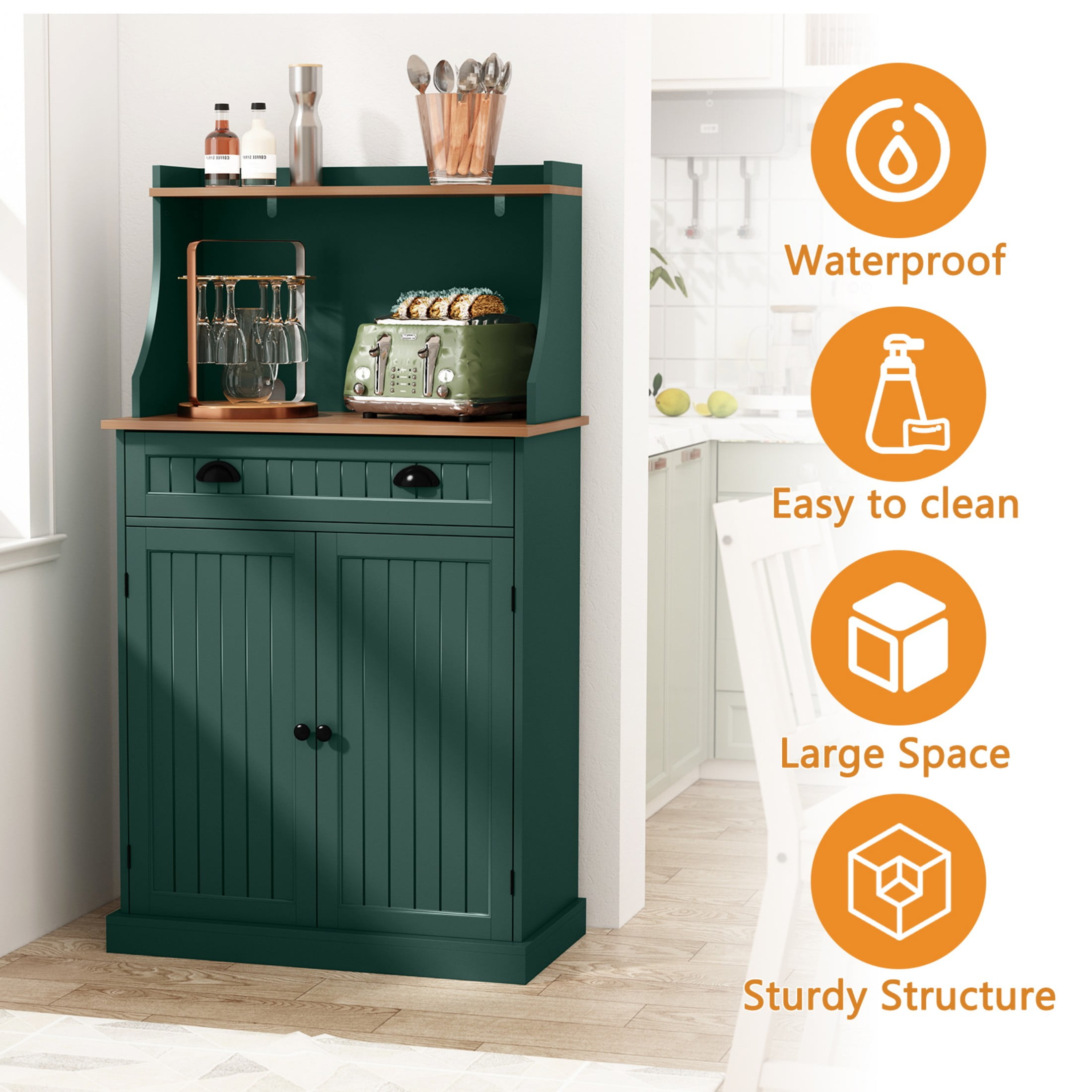 HLR Farmhouse Kitchen Pantry Cabinet with Microwave Stand, 54" Coffee Bar Storage Cabinet, Green