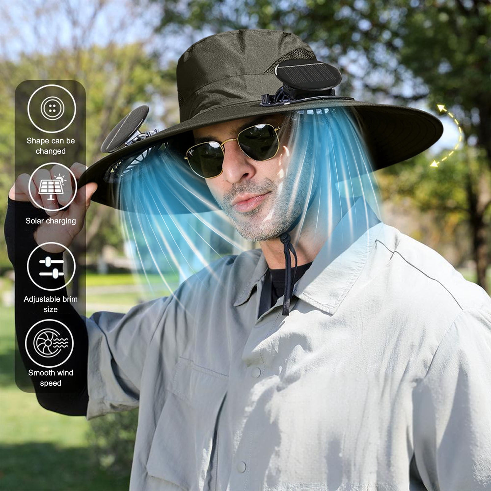 YOTQUSKI Solar Fan Hats for Men, Outdoor Wide Brim Sun Hat with 2 Solar Fan Sun, Breathable Bucket Hat for Men Women with Ice Silk Mask , UPF 50+ Bucket Fishing & Beach Hat with Fan Built in