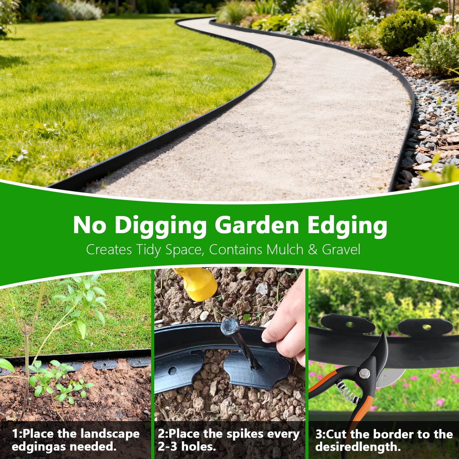 No Dig Landscape Edging Kit 60FT - Heavy Duty 2in Tall Black Garden Border with 72 Spikes | Easy Install Flexible Edging for Lawn & Flower Bed
