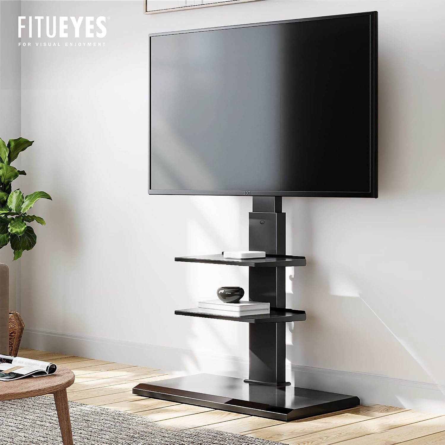 FITUEYES Corner TV Stand for 32–75 Inch TVs, Black, Swivel & Tilt, Height Adjustable, Iron Base