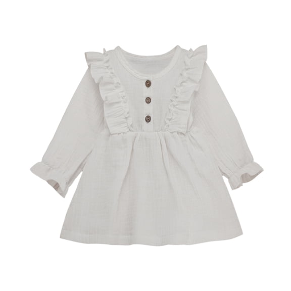 Canrulo Toddler Kids Baby Girls Solid Clothes Long Sleeve Dress Cotton Linen Dresses White 3-4 Years