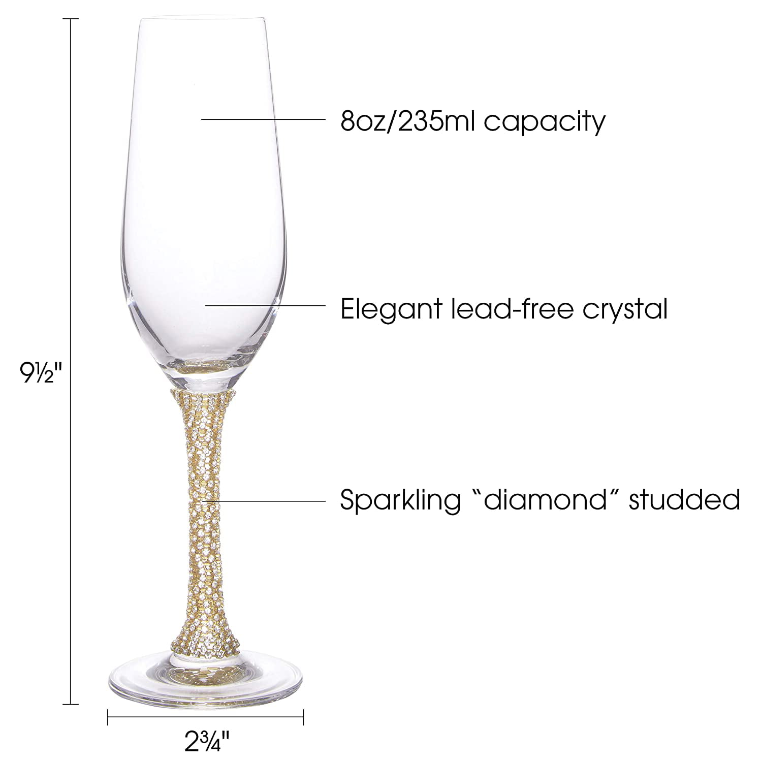 Champagne Flutes Elegant Clear Champagne glasses with Crystal Diamond Stem Engagement Toasting Glasses Perfect for Any Occasion,Great Gift,Set of 2