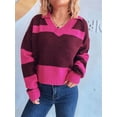 thumbnail image 6 of Women Fall V Neck Sweater Color Block Long Sleeve Shirt Casual Loose Striped Pullover Sweaters Rose Red M, 6 of 9