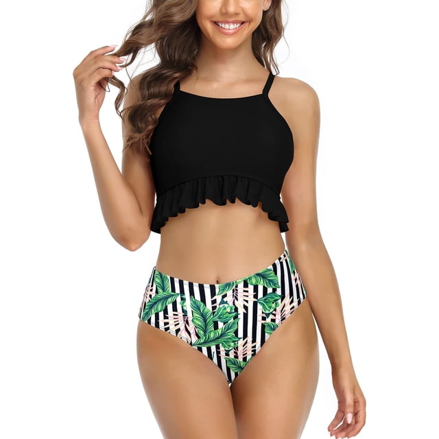 Trajes de baño para Mujer Bikini con Volantes Parte Inferior de Traje de baño de Cintura Alta Negro G Negro G Xishao ropa