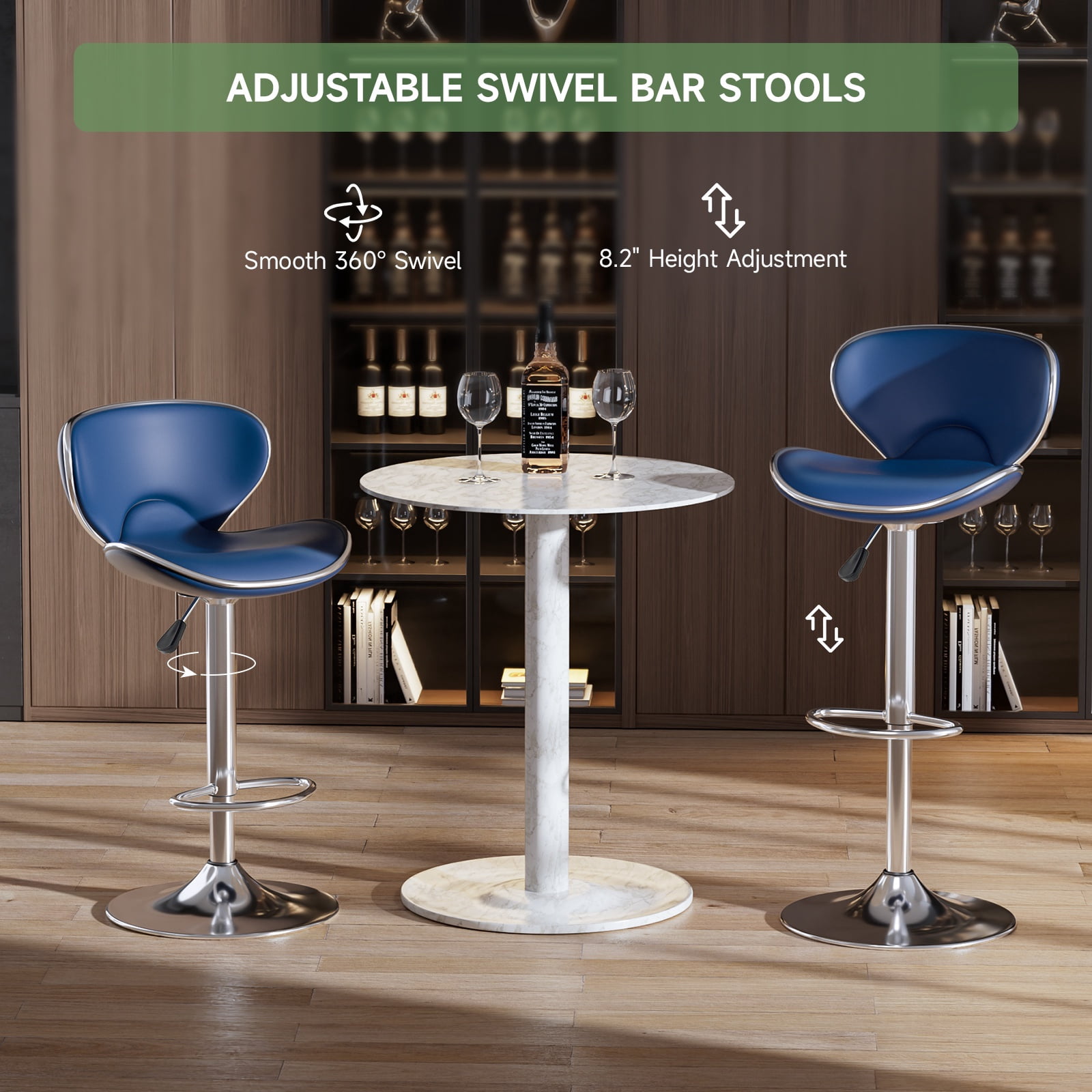 Adjustable Swivel Bar Stools Set of 2 , Modern PU Leather Upholstered Bar Chairs with Chrome Base for Kitchen Island, Dining Room, Pub, Counter (Blue)