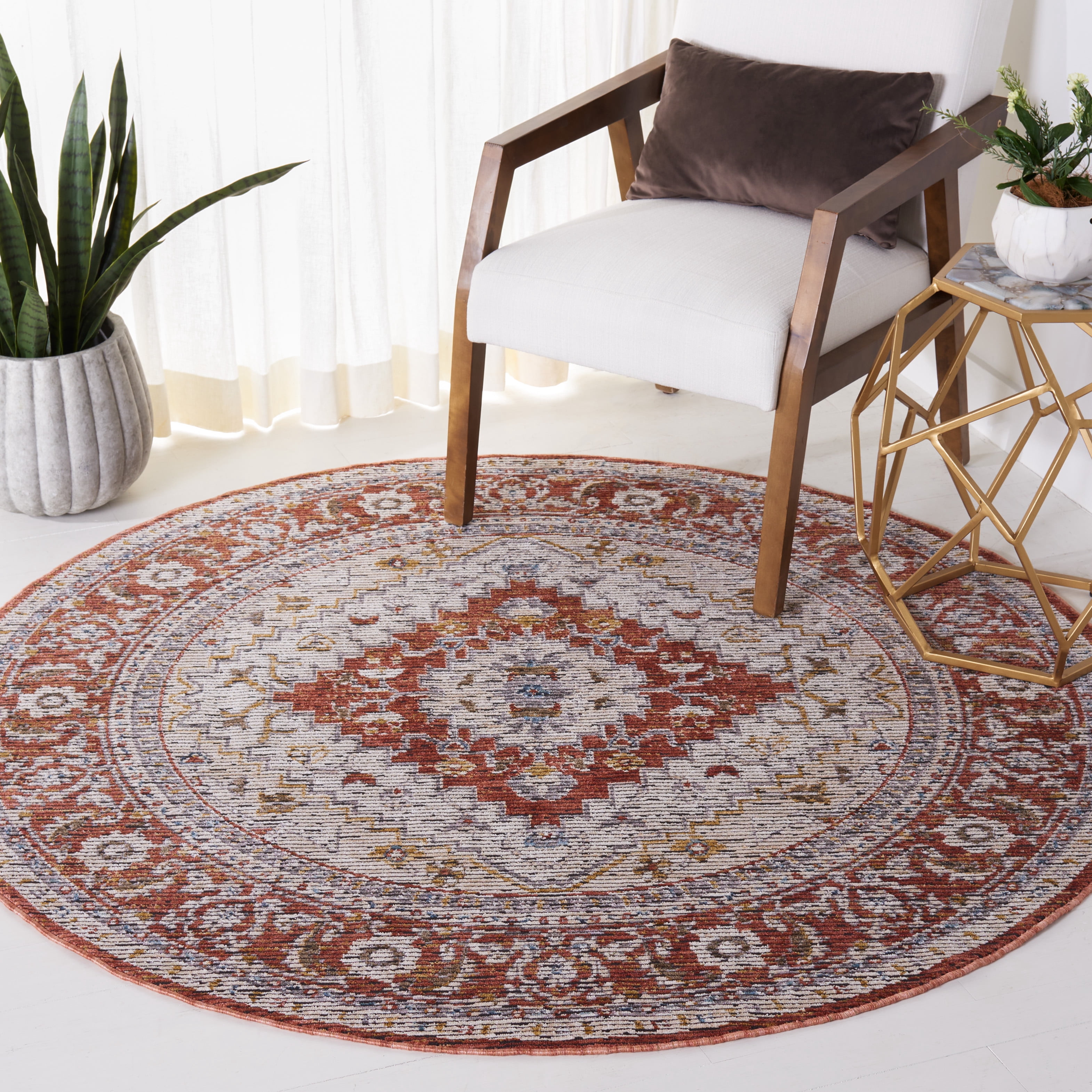 SAFAVIEH Sierra Jane Medallion Area Rug, Ivory/Rust, 6' x 6' Round