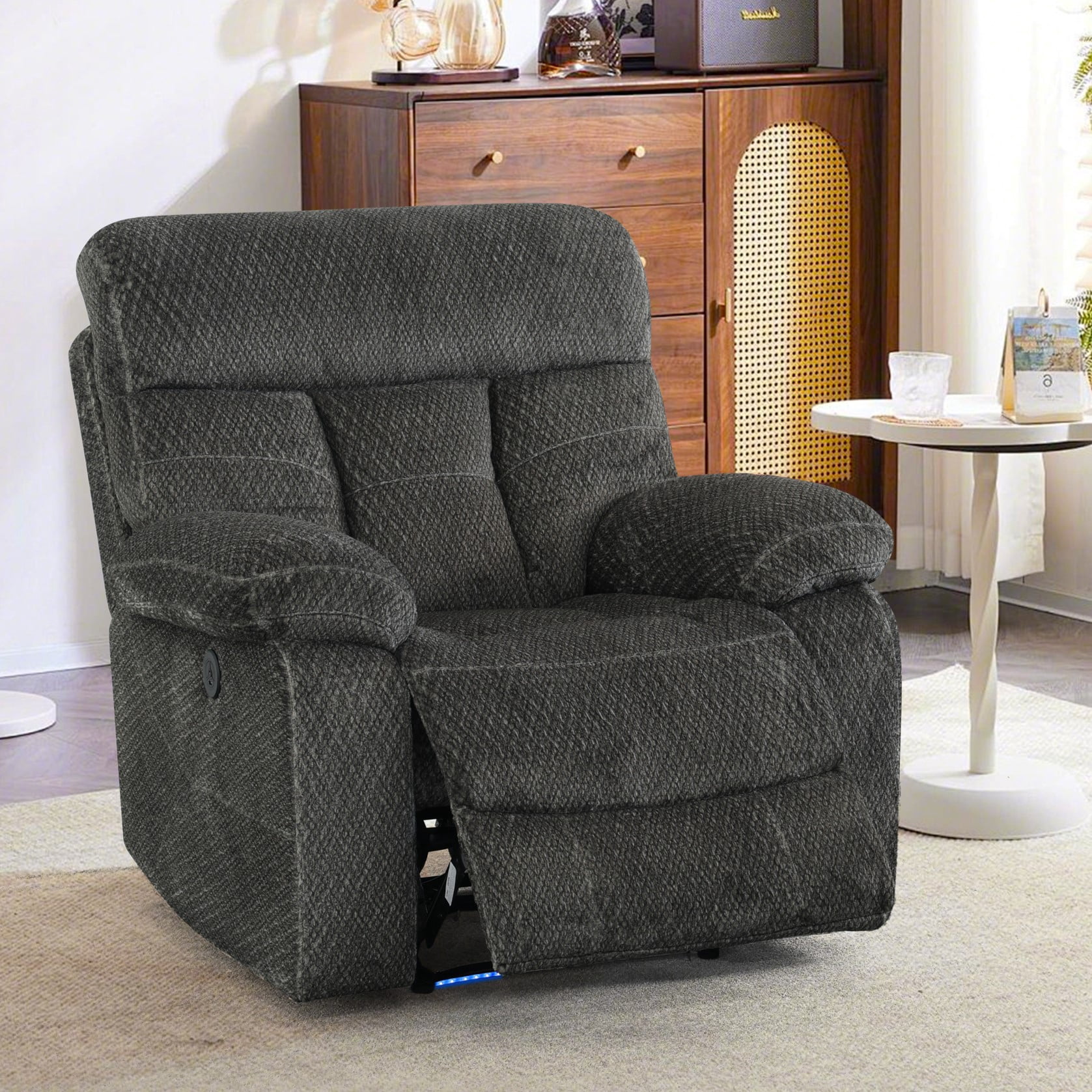 Gewnee Power Recliner Chair, Adjustable Reclining Lounge Chair with USB Ports, LED Lights, Flocking Upholstered Single Sofa Recliner for Living Room, Office, Grey