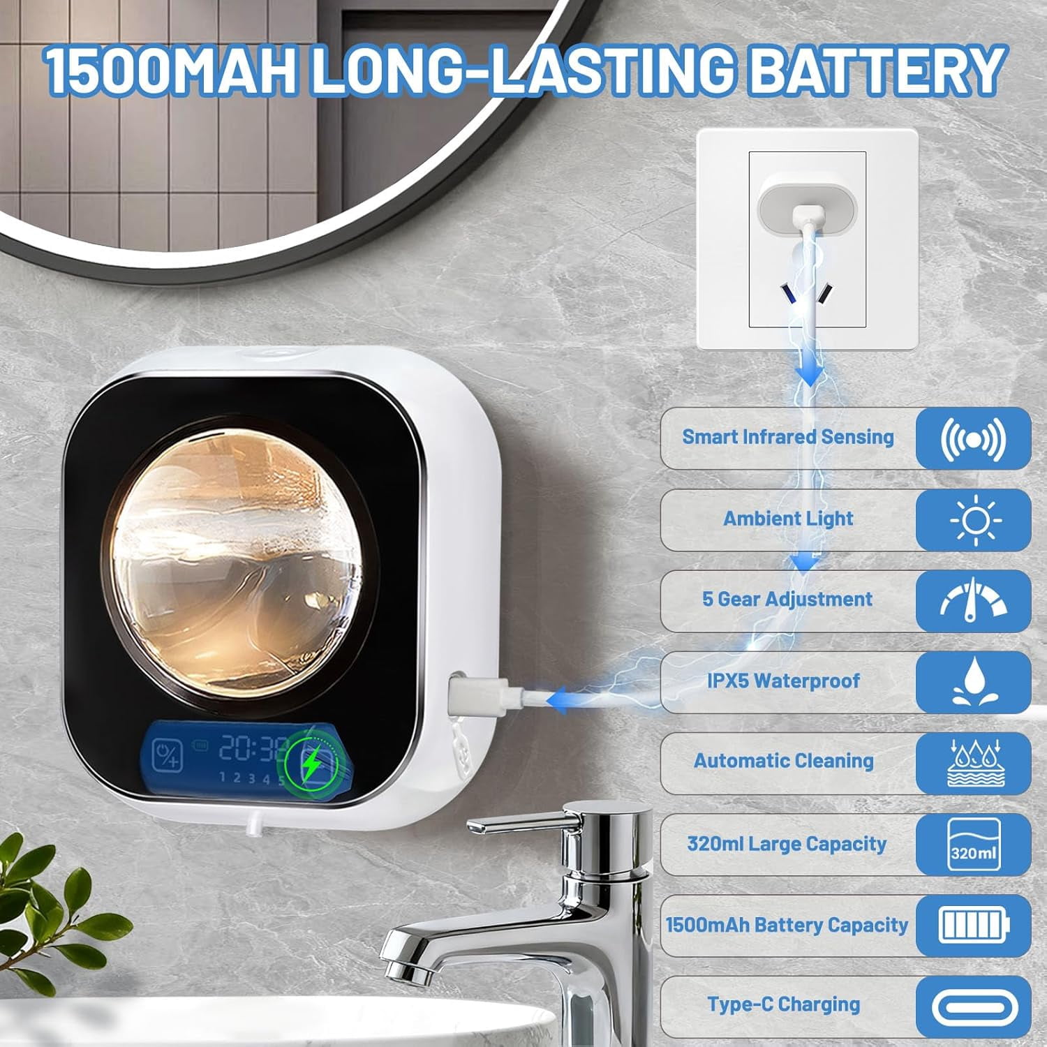 Automatic Soap Dispenser, 320ML Touchless Smart Hand Soap Dispenser, 5 Adjustable Soap Levels, Rechargeable Wall Mounted Electric Foam Soap Dispenser for Bathroom Kitchen Office